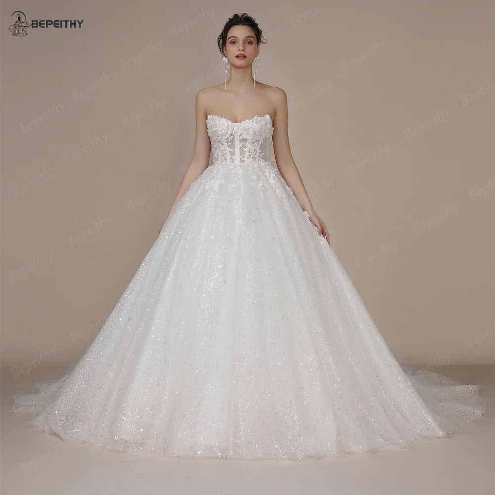 Runhufu Princess Strapless Ivory Glitter Wedding Dresses 2024 For Women Court Train Bride 3D Flower Romantic Shinny Bridal Gown