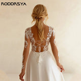 Runhufu Backless Wedding Dresses See-through Appliques Full Sleeves A-Line Bridal Gowns Chiffon Scoop Neck Boho Bride Dress