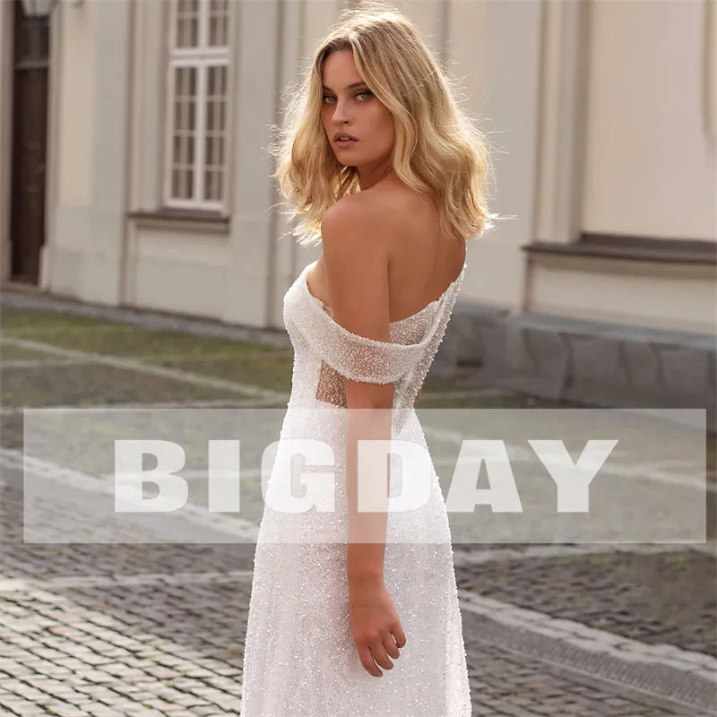 Runhufu A-Line Wedding Dress Women 2024 White Open Back Sequin One Shoulder Spakly Side Split Bridal Gown Vestidos De Noiva Bead