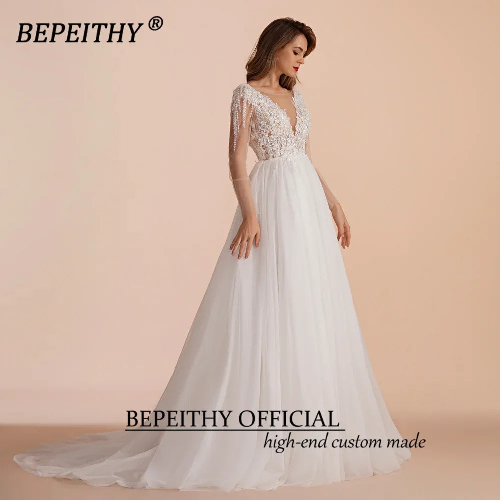 Runhufu Ivory Scoop Long Sleeves Beading Bodice Wedding Dresses 2024 For Women Bride A Line Floor Length Bridal Party Gown