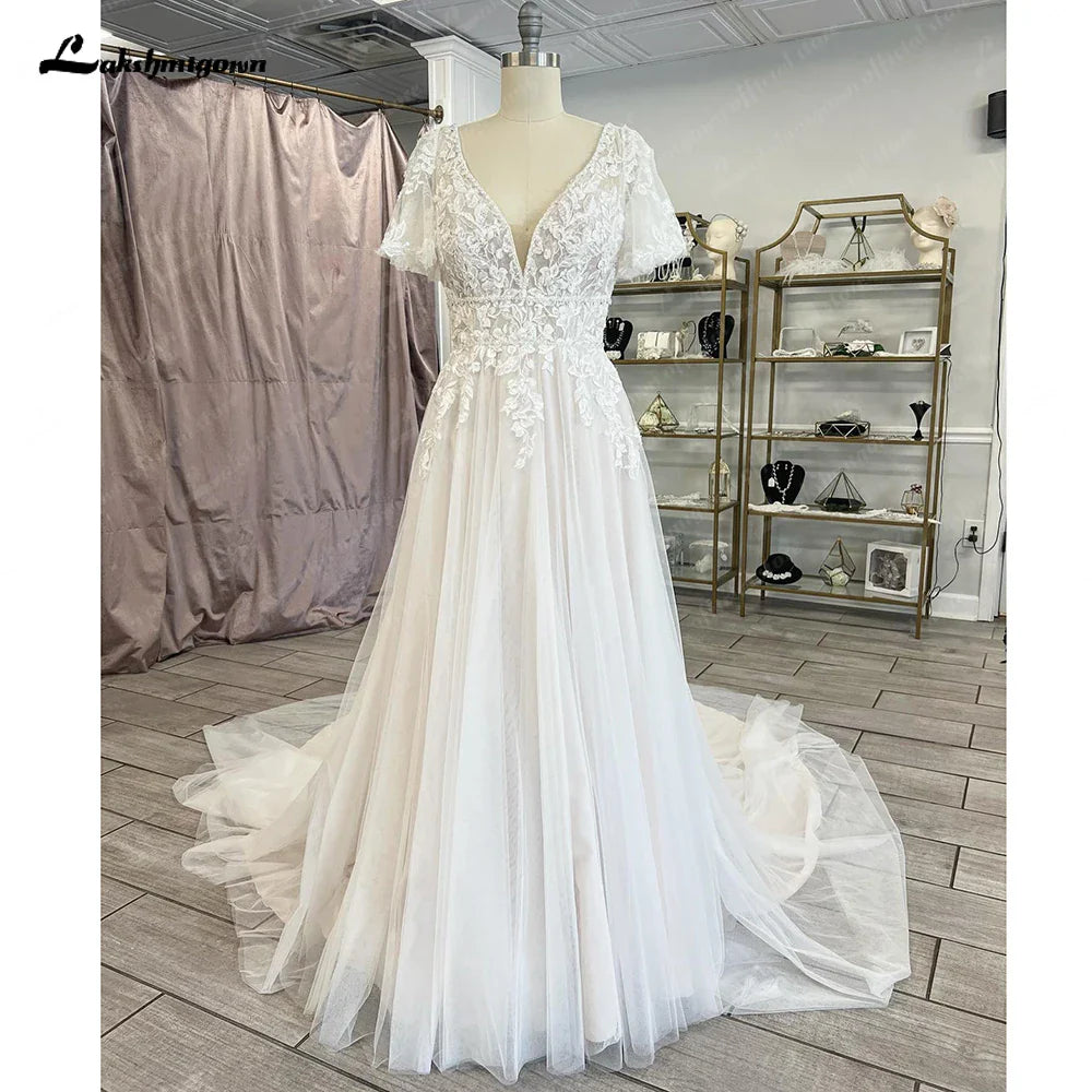 Runhufu Lace V-Neck Boho Wedding Dress with Sleeves vestidos de fiesta A Line Tulle Beach Wedding Gowns 2024 Hochzeit