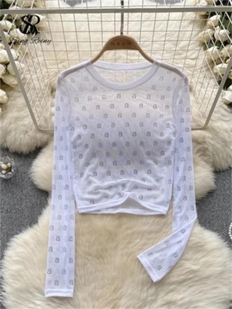 Runhufu Letter Beadings Women Blouse O Neck Long Sleeves 2024 Autumn Fashion Senior Streetwear Hotsweet T Shirt Sheer Y2K Tops