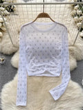 Runhufu Letter Beadings Women Blouse O Neck Long Sleeves 2024 Autumn Fashion Senior Streetwear Hotsweet T Shirt Sheer Y2K Tops
