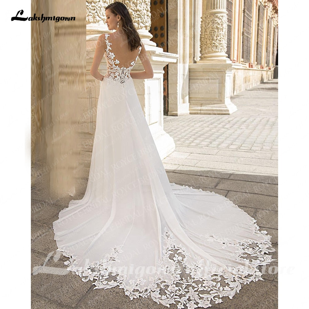 runhufu A-Line Split Chiffon Illusion Bodice Backless Beach Wedding Dresses for Women Appliques Summer Boho Bride Dress