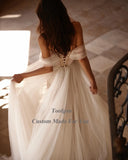 Runhufu Dotted Soft Tulle Boho Wedding Dresses Off The Shoulder Lace Up Back High Slit Women Party Wedding Gowns Bridal Dress