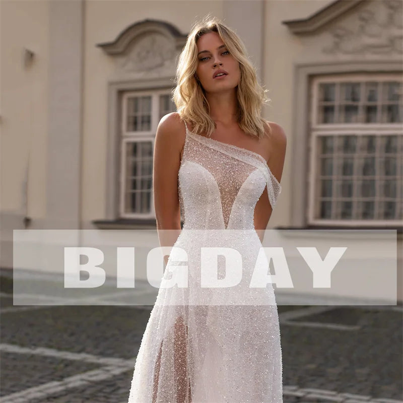 Runhufu A-Line Wedding Dress Women 2024 White Open Back Sequin One Shoulder Spakly Side Split Bridal Gown Vestidos De Noiva Bead