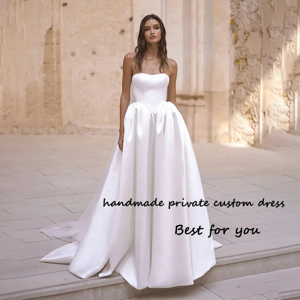 Runhufu Satin Strapless Wedding Dresses for Bride A Line Long Bridal Gowns with Train Pockets Simple Civil Wedding Gowns 2024