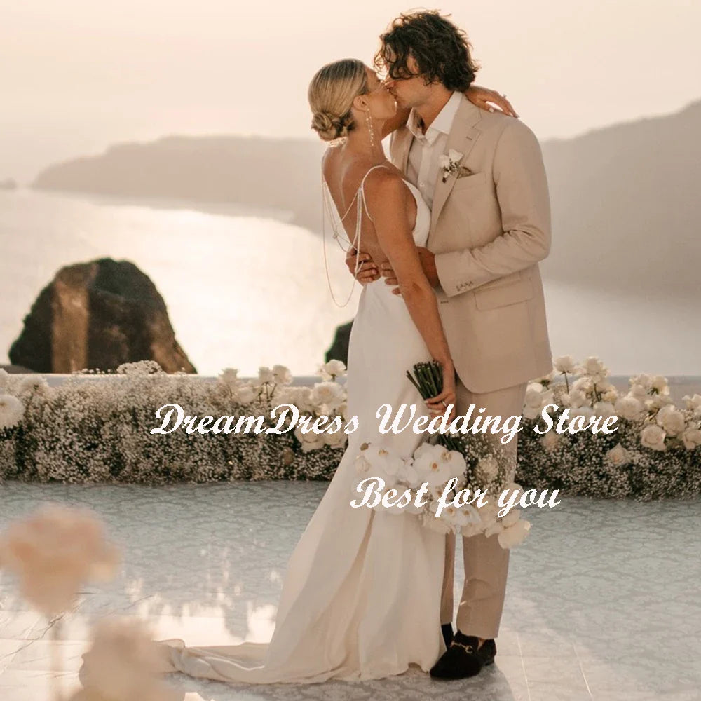 Runhufu Spaghetti Straps Beading Simple Mermaid Wedding Dresses Backless Crepe Bridal Gowns Sweep Train vestido de novia