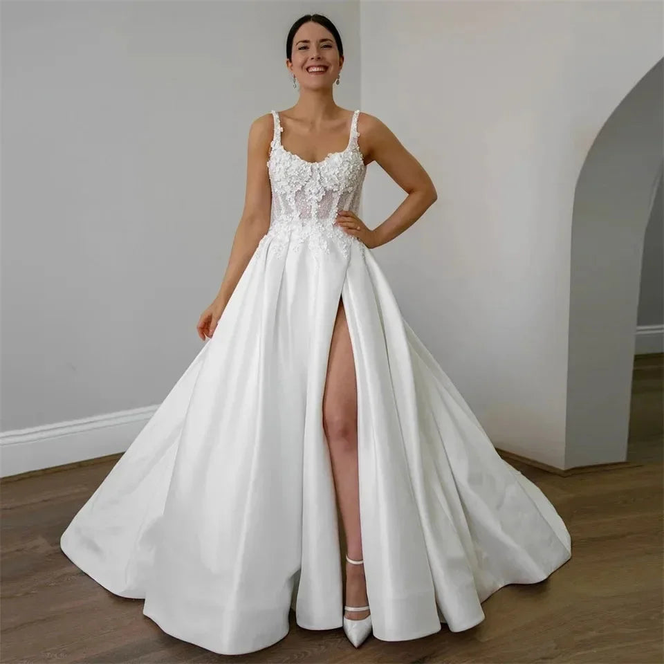 Runhufu A Line Satin Wedding Dresses For Women Lace Appliques Side Split Bridal Dress Formal Wedding Party Bridal Gowns 2024