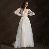 Runhufu Latest Lace Wedding Dresses 2024 Bridal Gowns Long Sleeves Bride Dress V Neckline Wedding Gowns Back Out Sweep Train