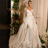 Runhufu A Line Wedding Dresses Gorgeous Satin Deep V-neck Lace Appliques Slimming Beautiful Mopping Beach Bridal Gown 2024