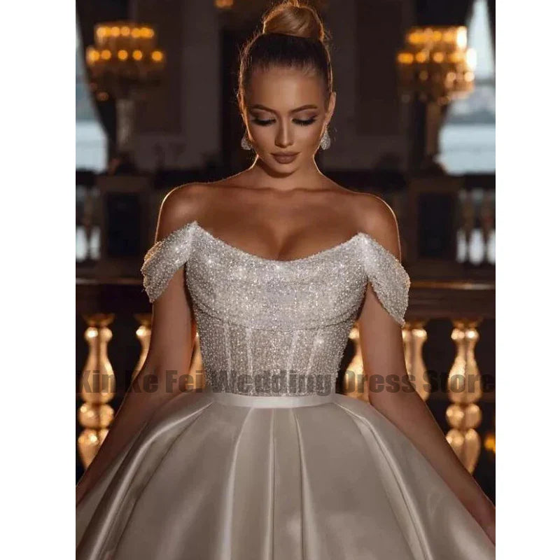Runhufu A-Line Sexy Off Shoulder Wedding Dresses Shiny Bohemia Women's Tulle Princess Satin Bridal Gowns Robe De Mari¨¦e Vestido ???