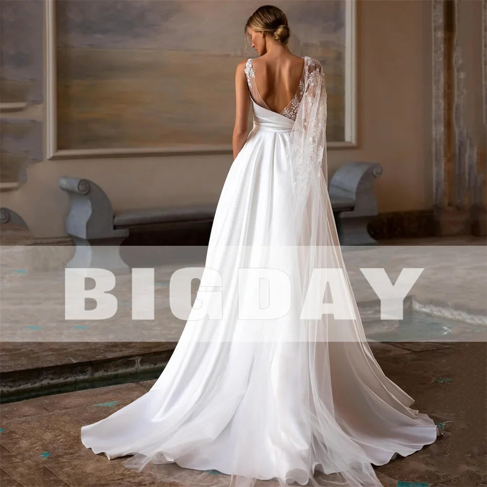 Runhufu A-Line Wedding Dresses Women 2024 Open Back Lace O-Neck Satin Pleat Applique Bridal Gowns Sweep Train Vestidos De Noiva
