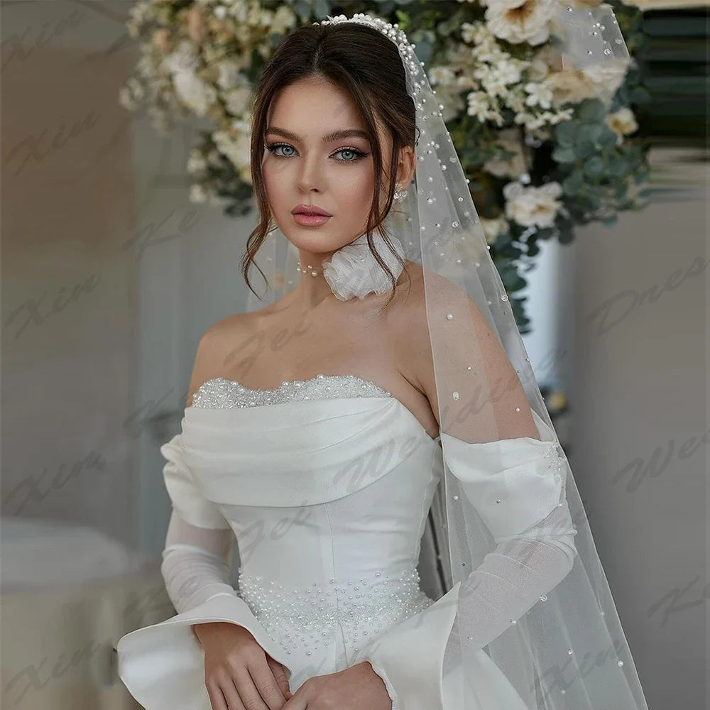 Runhufu A-Line Pretty Wedding Dresses For Woman Sexy Mermaid Off Shoulder Long Sleeves Fluffy Princess Style Mopping Bride Gowns
