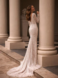 Runhufu Deep V-neck Wedding Dress Sparkly Sequins Beads Bride Robe Elegant Appliques Mermaid Long Bridal Gown Robe De Mari¨¦e