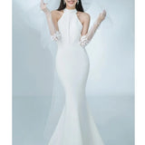 Runhufu Mermaid Wedding Dress Fashion Halter Long Bridal Dresses With Small Train Sexy Backless Simple Vestidos De Novia