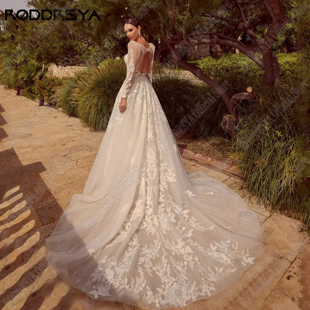 Runhufu Backless V-Neck Lace Wedding Dress A-Line Long Sleeves Tulle Bridal Gown Applique Elegant Button Vestidos De Novia 2024