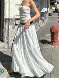 Runhufu Fairycore Elegant White Flowy Hem Long Skirts Women Elastic Waist Ruffle Lace Trim Flare A-Line Skirts Retro Streetwear