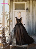 Runhufu Black Wedding Dresses Lace Applique Sweetheart A-Line Gothic Bridal Dress Beaded Backless Long Tulle Wedding Bridal Gown