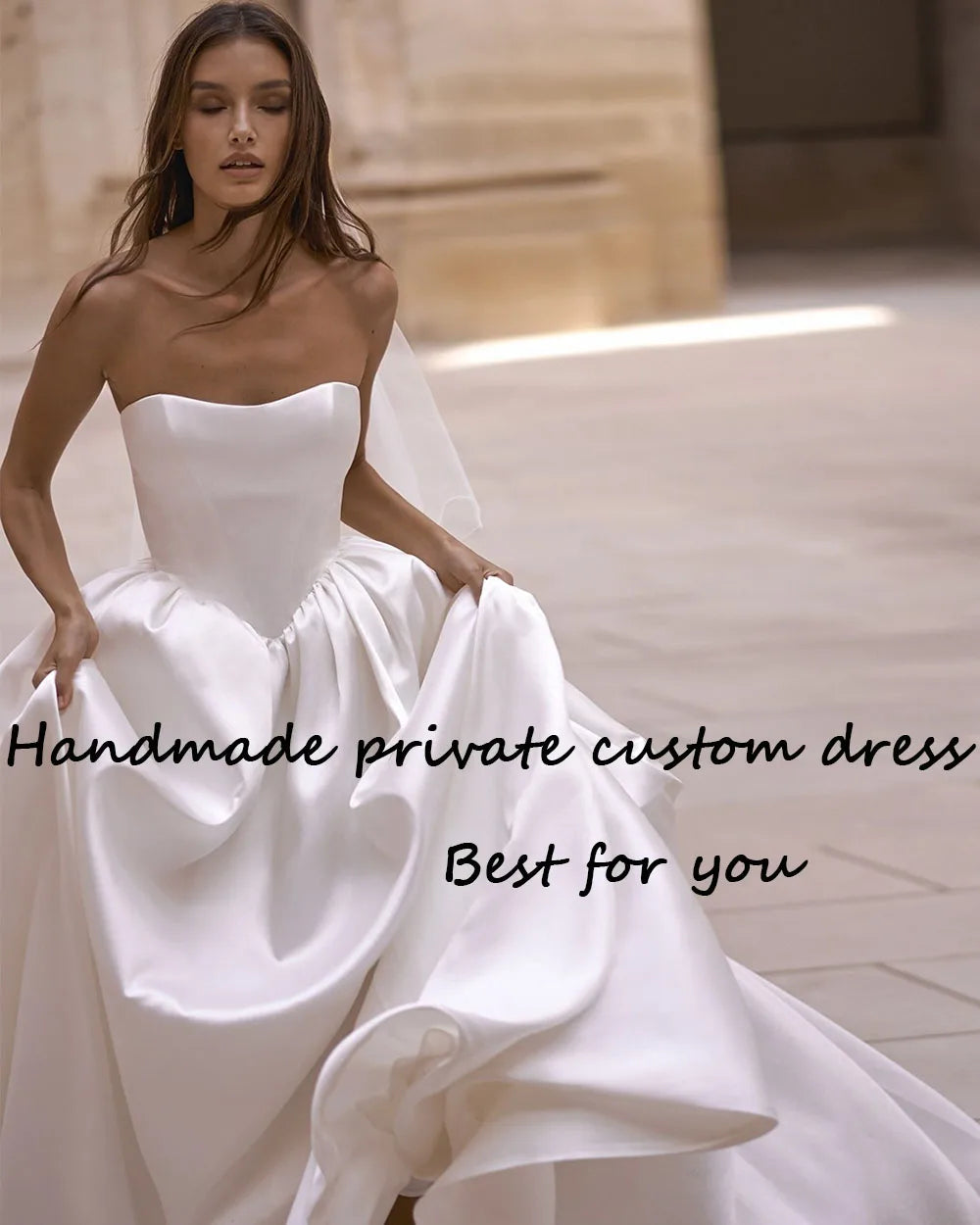 Runhufu Satin Strapless Wedding Dresses for Bride A Line Long Bridal Gowns with Train Pockets Simple Civil Wedding Gowns 2024