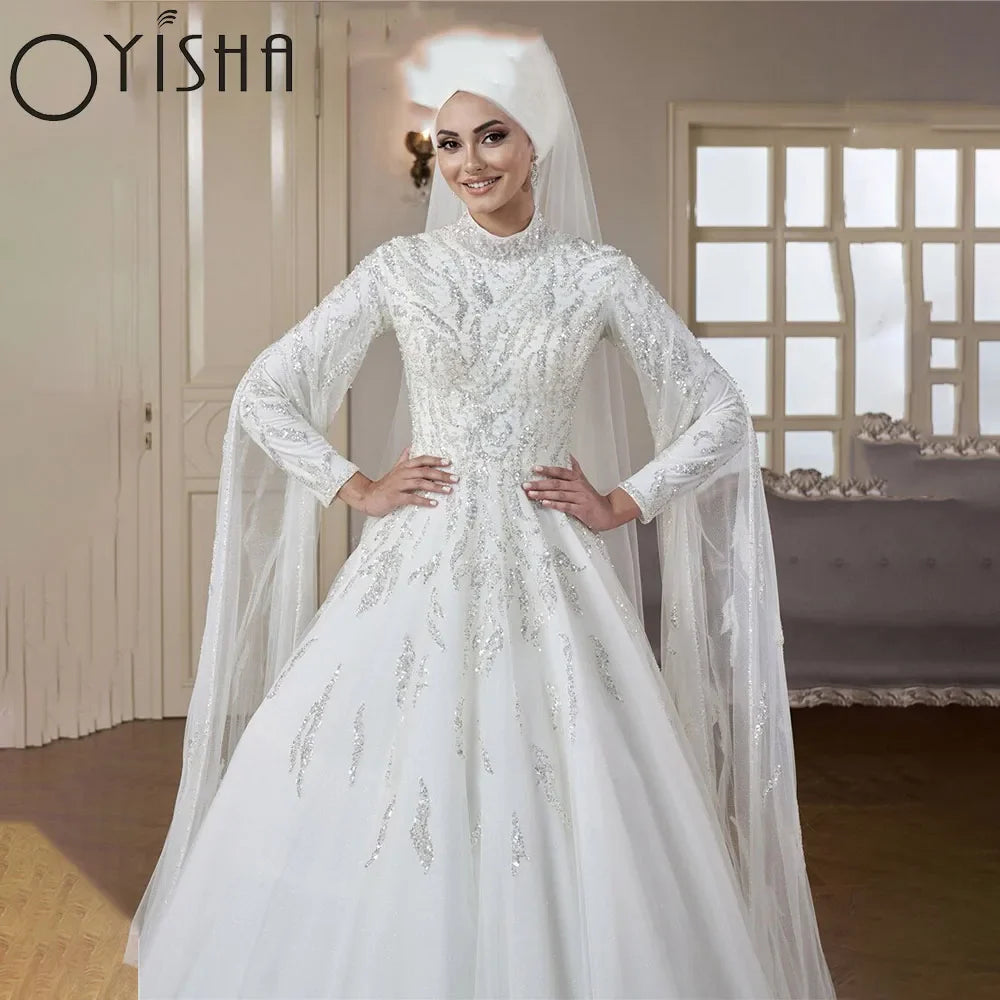 Runhufu Luxury Beaded Long Sleeve Muslim Wedding Dresses High Neck Islamic Hijab Bridal Gown Arabic Dubai Kaftan Vestidos De Novi