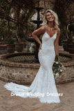 Runhufu Spaghetti Straps V Neck Mermaid Wedding Dresses Lace Summer Beach Boho Wedding Gowns Elegant Backless Custom Bridal Dress