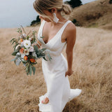 Runhufu Made Sheath Crepe Minimal Outdoor Wedding Dress Backless Drop Ship Simple Rustic Brush Train Cowl Back Ivory Bridal Gowns