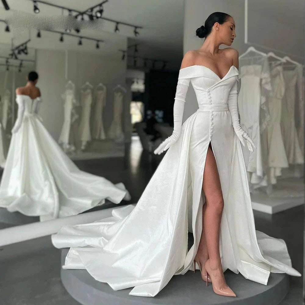 Runhufu Luxury Off Shoulder Mermaid Wedding Dress Lace Up High Right Split Detachable Train Taffeta Buttons Cathedral Bridal Gowns