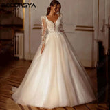Runhufu Luxury Shiny Long Sleeves Wedding Dress A-Line Lace Up Bridal Gowns Applique Beading Square Collar Vestido De Novia