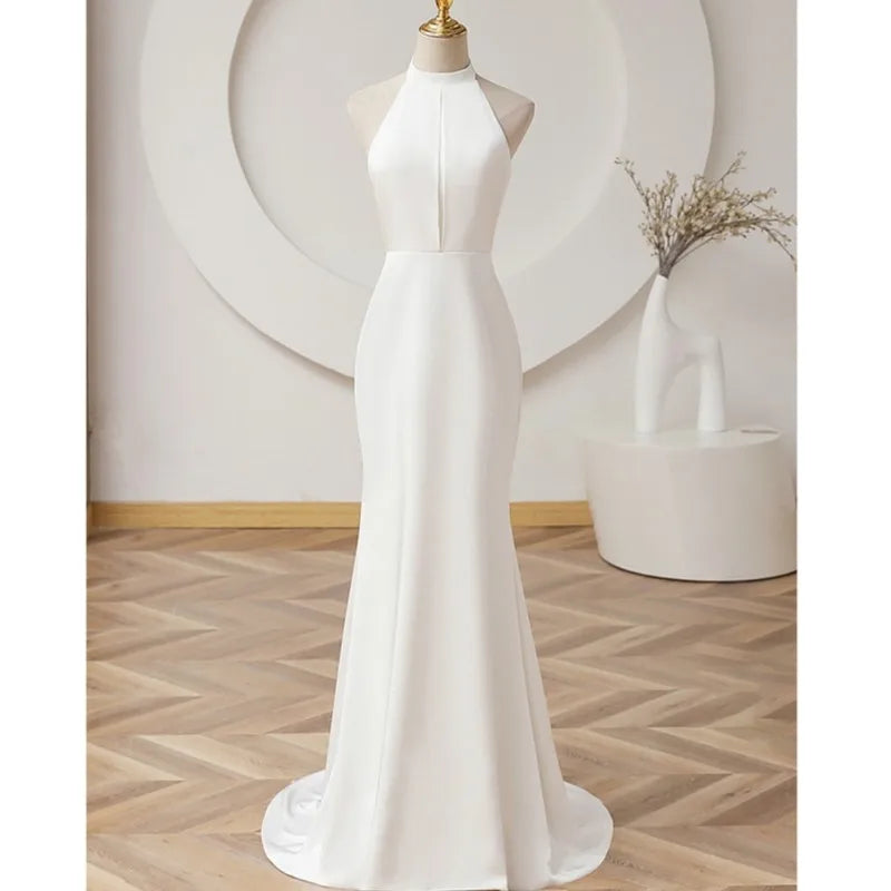 Runhufu Mermaid Wedding Dress Fashion Halter Long Bridal Dresses With Small Train Sexy Backless Simple Vestidos De Novia
