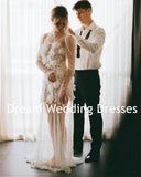 Runhufu 3D Flowers Short A-Line Wedding Dresses Pearls Beadings Tulle Long Sleeves Bride Gown Backless Illusion Boho Bridal Dress