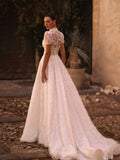 Runhufu High Collar Puff Sleeve Wedding Dress Classic Lace Appliques Dress For Bride Elegant A-line Bridal Gown Robe De Mari¨¦e