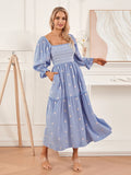 Runhufu Autumn Embroidery Flower Flowy Hem A-Line Dress Women's Puff Long Sleeve Square Neck Casual Long Dress for Beach Holiday