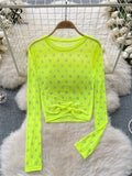 Runhufu Letter Beadings Women Blouse O Neck Long Sleeves 2024 Autumn Fashion Senior Streetwear Hotsweet T Shirt Sheer Y2K Tops