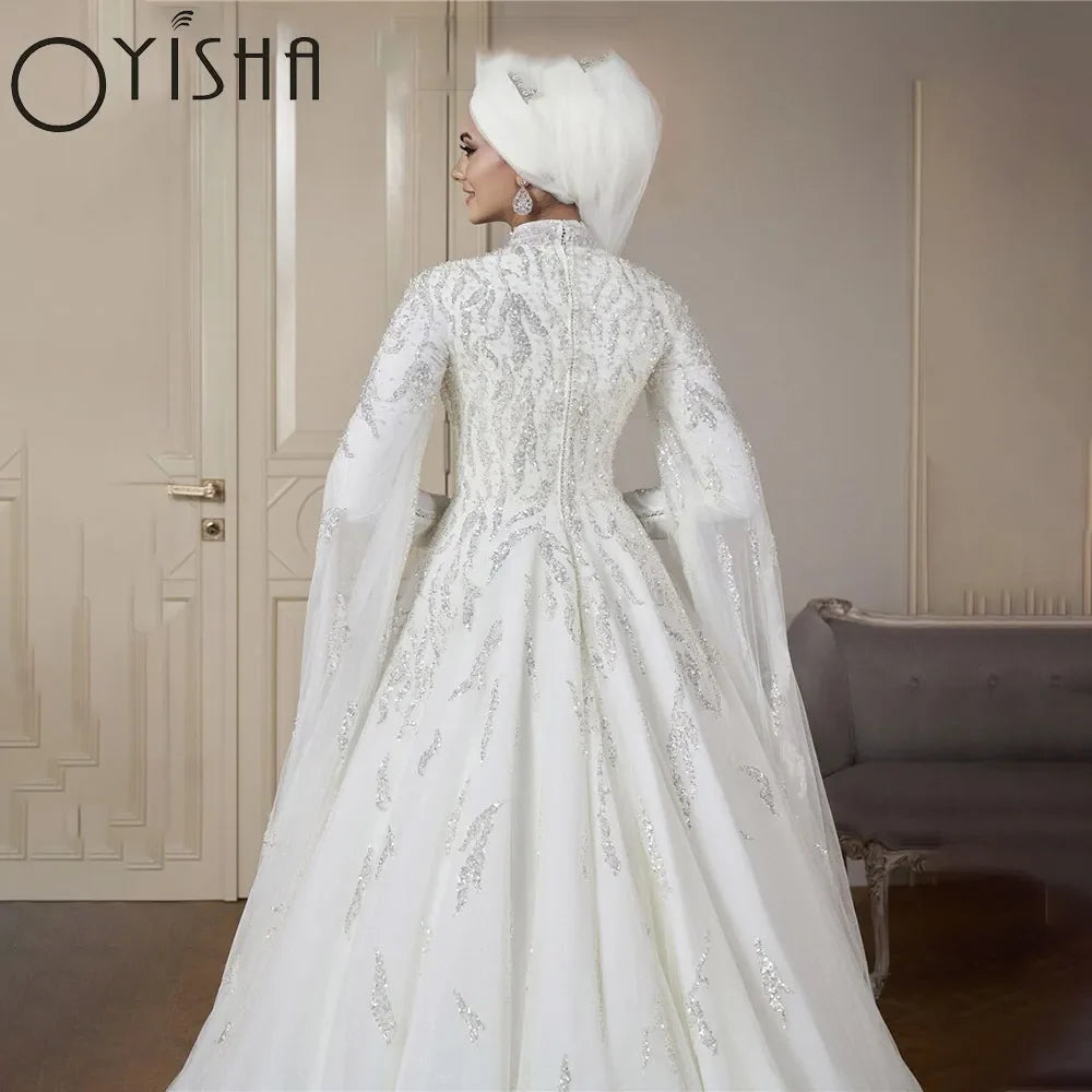 Runhufu Luxury Beaded Long Sleeve Muslim Wedding Dresses High Neck Islamic Hijab Bridal Gown Arabic Dubai Kaftan Vestidos De Novi