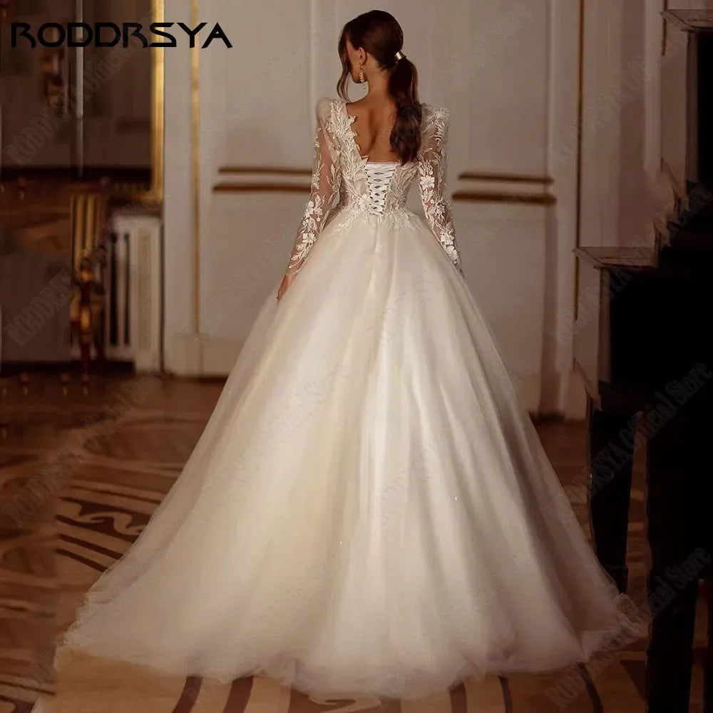 Runhufu Luxury Shiny Long Sleeves Wedding Dress A-Line Lace Up Bridal Gowns Applique Beading Square Collar Vestido De Novia