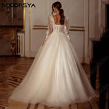 Runhufu Luxury Shiny Long Sleeves Wedding Dress A-Line Lace Up Bridal Gowns Applique Beading Square Collar Vestido De Novia