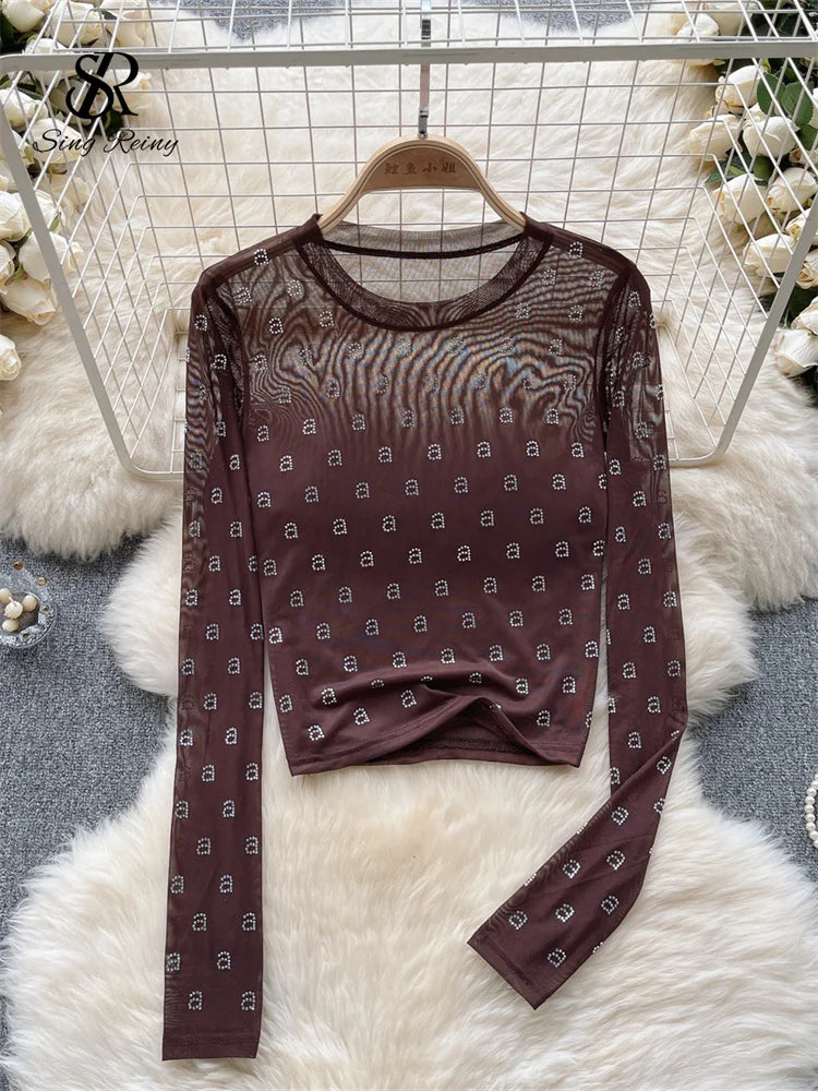 Runhufu Letter Beadings Women Blouse O Neck Long Sleeves 2024 Autumn Fashion Senior Streetwear Hotsweet T Shirt Sheer Y2K Tops