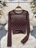 Runhufu Letter Beadings Women Blouse O Neck Long Sleeves 2024 Autumn Fashion Senior Streetwear Hotsweet T Shirt Sheer Y2K Tops