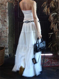 Runhufu Fairycore Elegant White Flowy Hem Long Skirts Women Elastic Waist Ruffle Lace Trim Flare A-Line Skirts Retro Streetwear