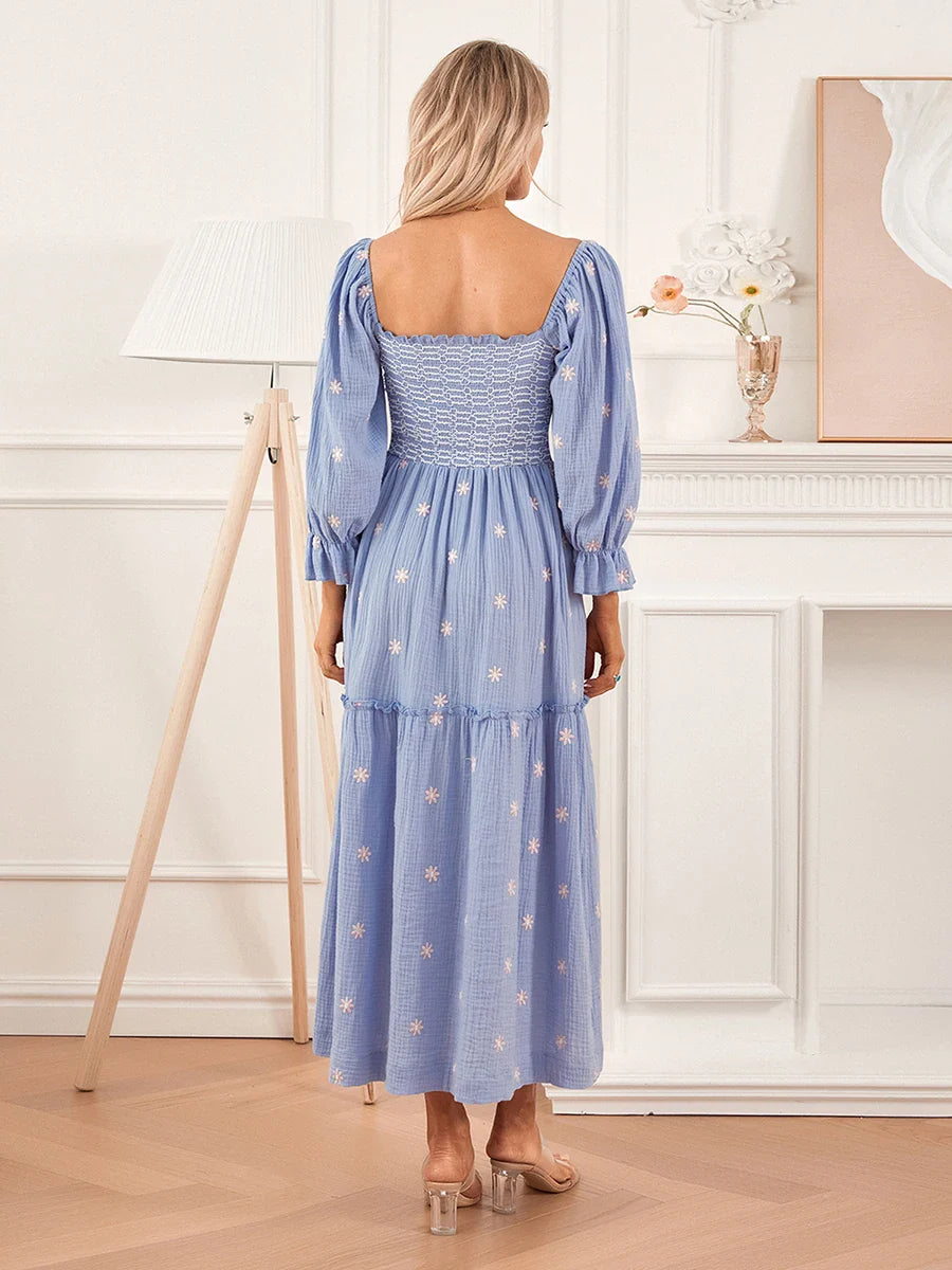 Runhufu Autumn Embroidery Flower Flowy Hem A-Line Dress Women's Puff Long Sleeve Square Neck Casual Long Dress for Beach Holiday