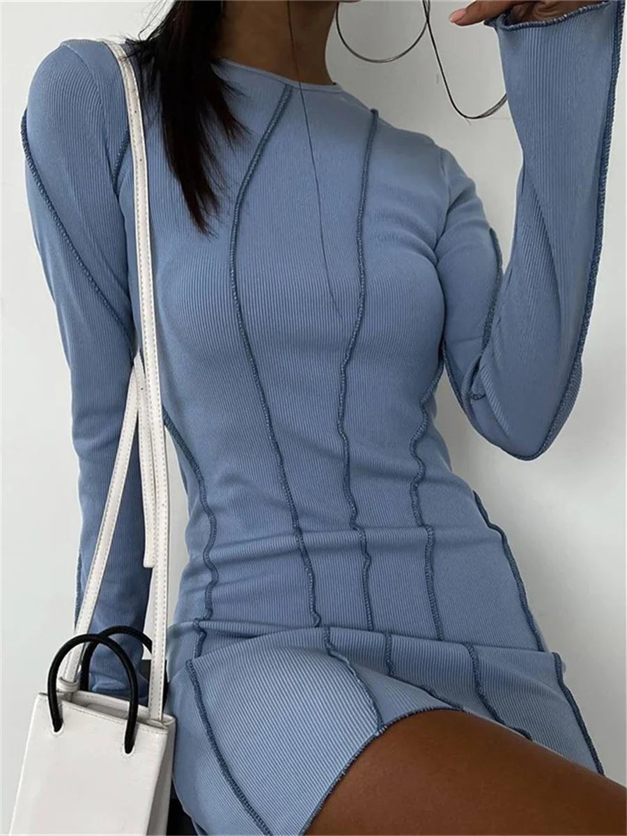 Runhufu Long Sleeve Patchwork Mini Dress Autumn Women Casual Office Party Streetwear Clothes Slim Fit Wrapped Short Pencil Dress