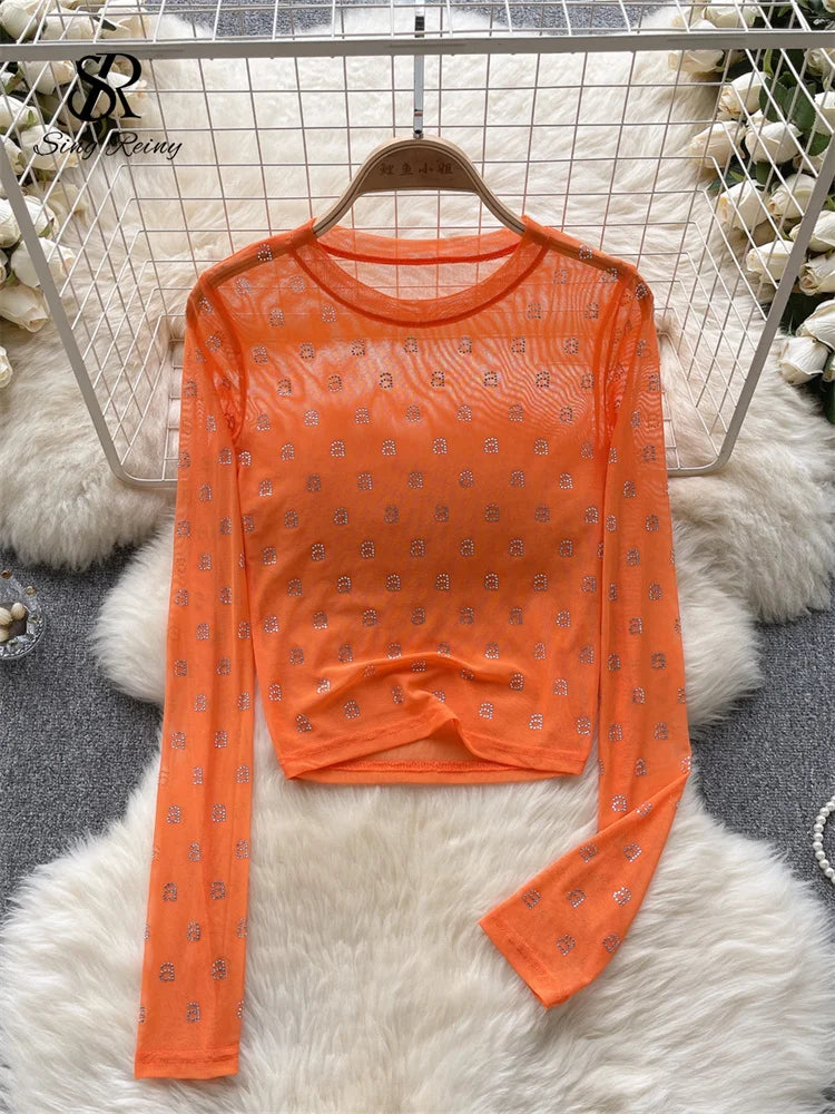 Runhufu Letter Beadings Women Blouse O Neck Long Sleeves 2024 Autumn Fashion Senior Streetwear Hotsweet T Shirt Sheer Y2K Tops