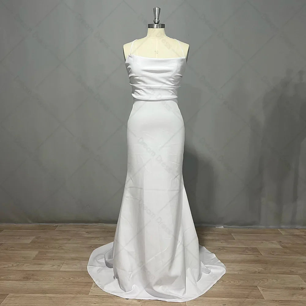 Runhufu Sexy Spaghetti Straps Cowl Neck Micro Wedding Dress 2024 Simple Sleeveless Crepe Mermaid Bridal Gowns Sweep Train