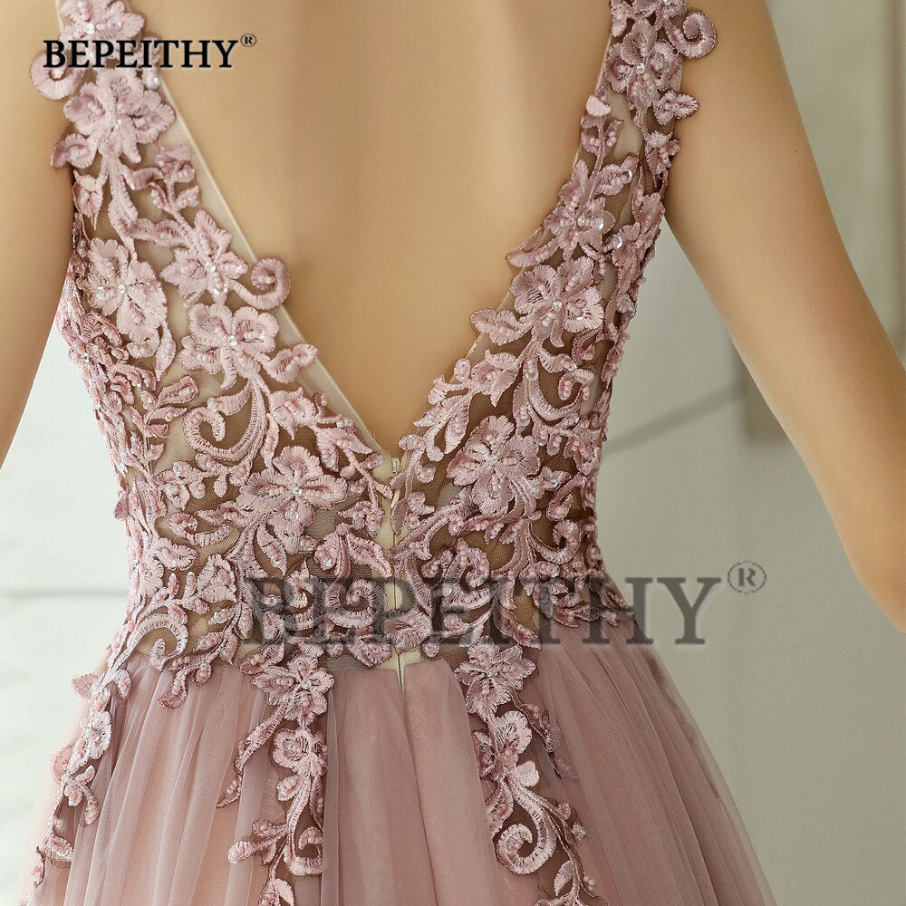 runhufu A-line Gray Formal Occasion Dress With Slit Lace Prom Dresses For Women Party Wedding Evening A-line Bridesmaid Gown