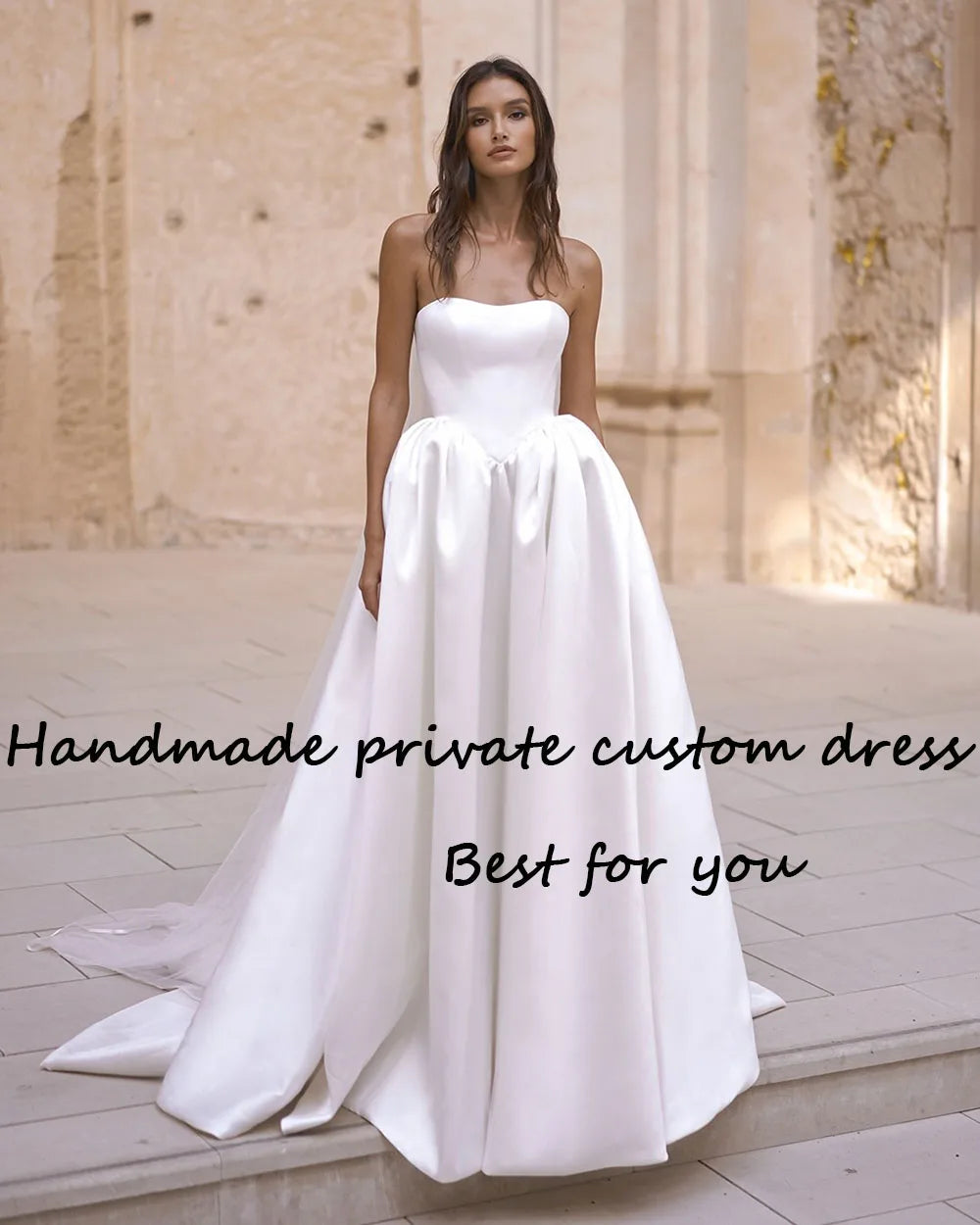 Runhufu Satin Strapless Wedding Dresses for Bride A Line Long Bridal Gowns with Train Pockets Simple Civil Wedding Gowns 2024