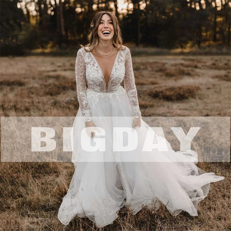 Runhufu A-Line Wedding Dresses Women 2024 Open Back Long Sleeves Lace V-Neck Bridal Gowns Tulle Sweep Train Vestidos De Noiva
