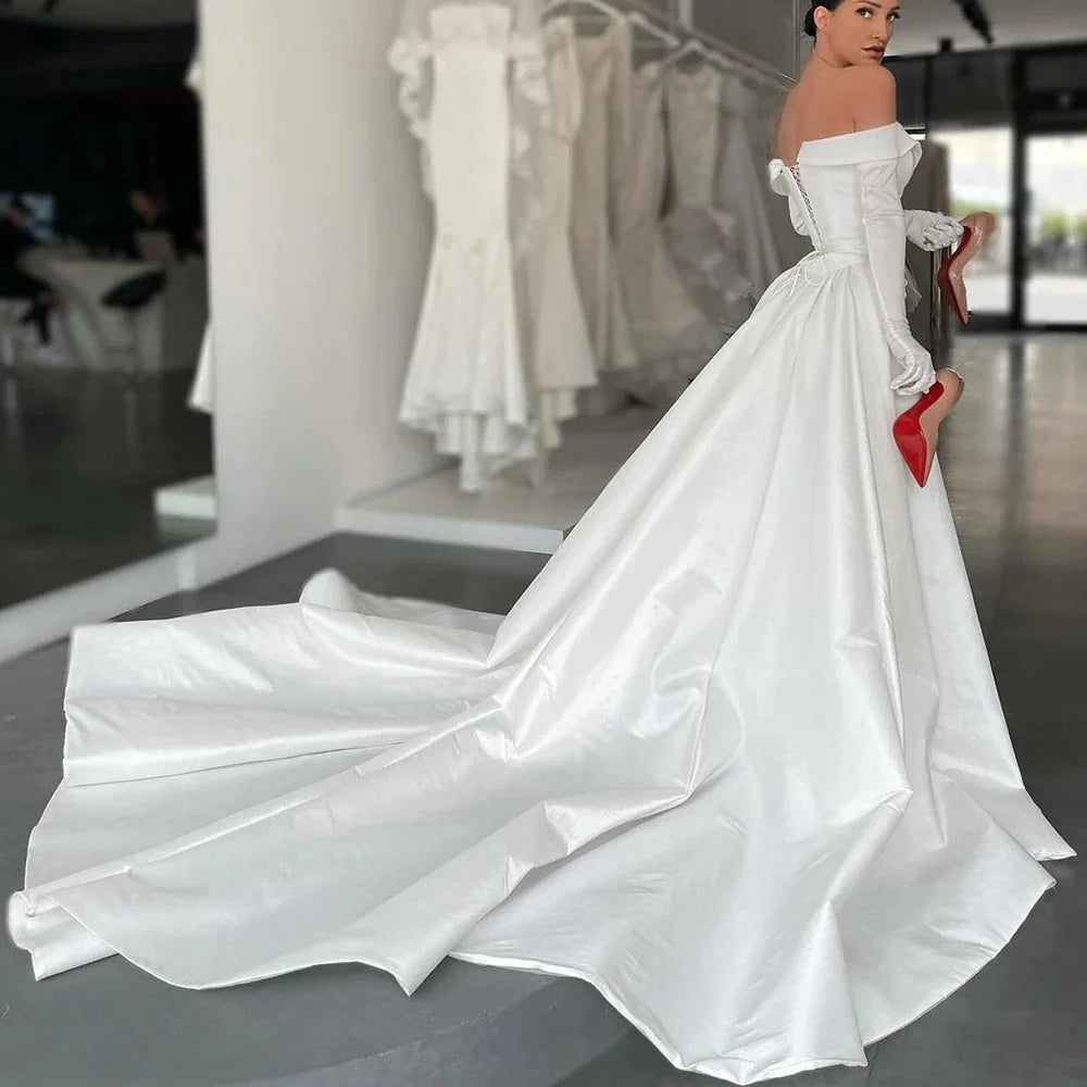Runhufu Luxury Off Shoulder Mermaid Wedding Dress Lace Up High Right Split Detachable Train Taffeta Buttons Cathedral Bridal Gowns