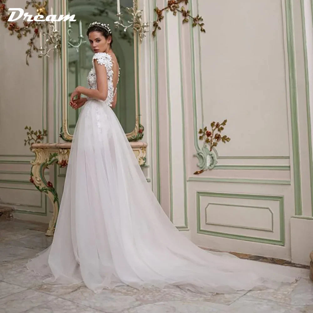 Runhufu 3D Flowers Lace Detachable Train Mini Short Wedding Dress V Neck Backless Cap Sleeves High Low Bridal Gown Above Knee