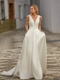 Runhufu Vestido de novia 2024 Deep V Neck Wedding Dresses Sleeveless Pleat Satin Sweep Train Long Bridal Gown ?????? ?????